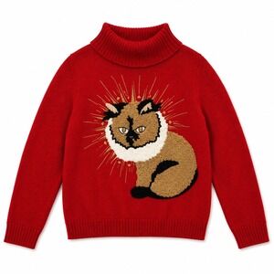 Guess Red Cat Turtleneck Sweater Gold Sun Angel L Maximalist Kitty Meow Novelty
